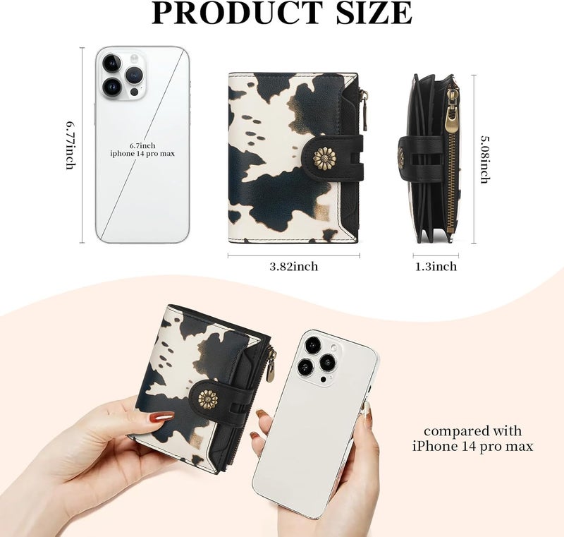 Blucoay Wallet Women,RFID Blocking Leather Womens Wallet Bifold Compact Card Holder Small Wallet for Women with Removable ID Window cowprint black - Image 4